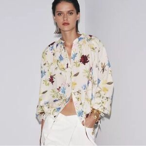 Zara Woman Collection Cotton floral print  mandarin collar long sleeves  size XL